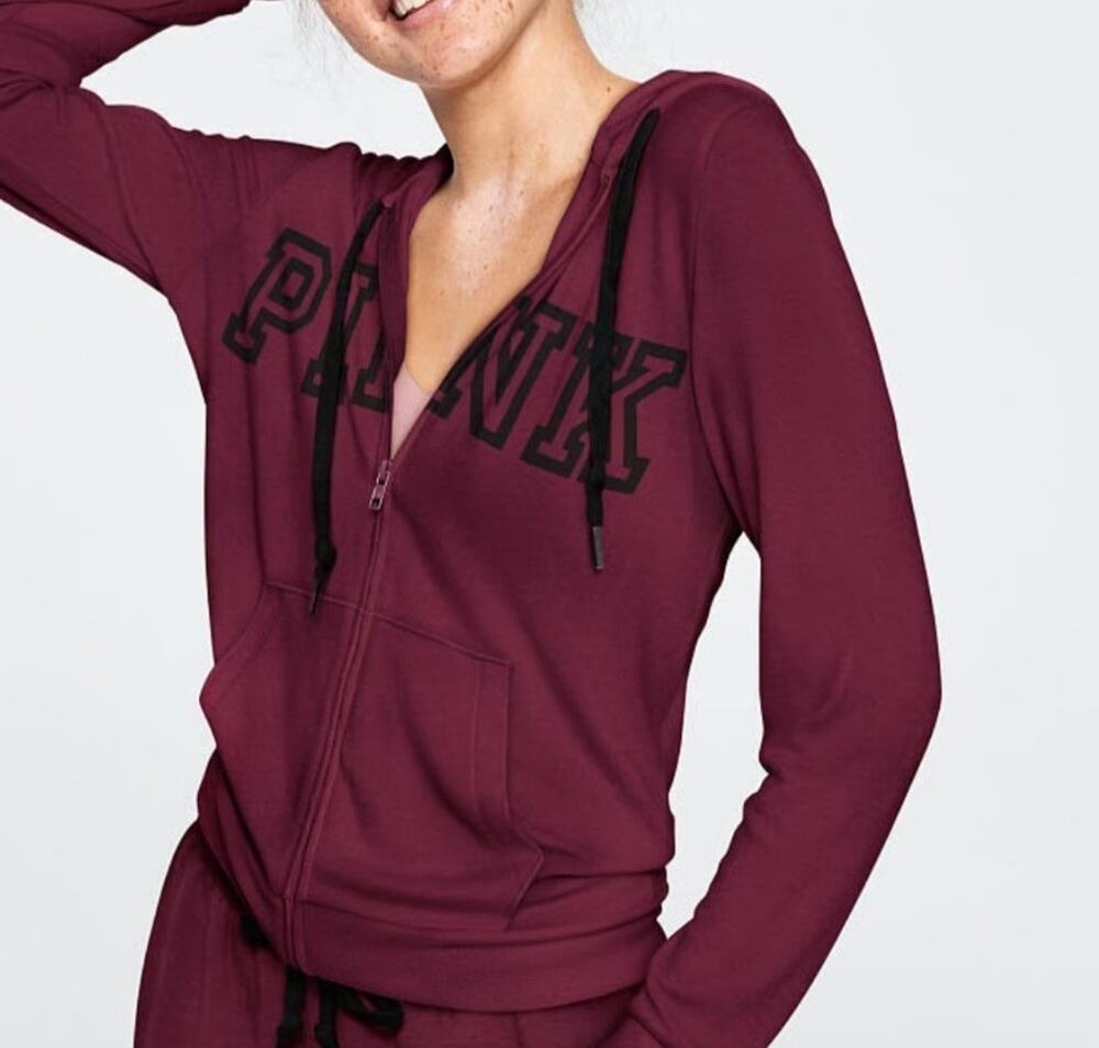 VS Victorias Secret Full Zip Hoodie Sweatshirt Womens XL Burgundy Black